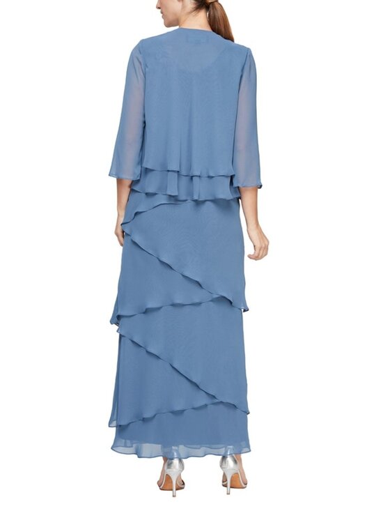NWT Alex Evenings Wedgewood Blue Long Tiered Ruffle Dress With Jacket - Picture 2 of 6